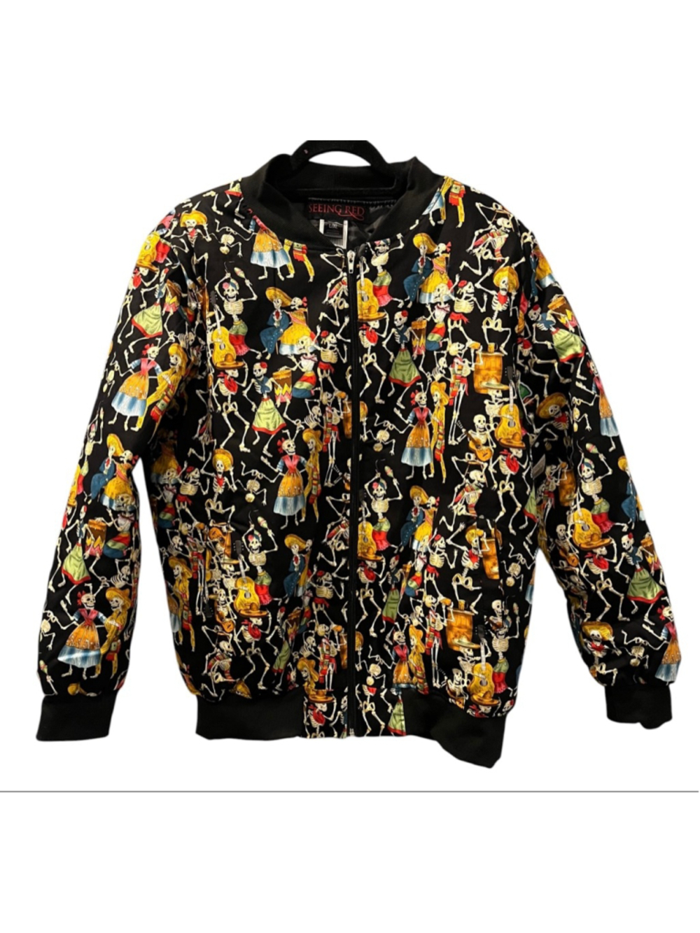 Seeing Red NWT Day Of The Dead Halloween Skeleton Dancing Bomber Jacket Sz L/XL